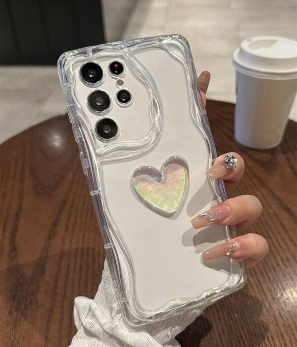 INS Laser Heart Clear Wave Phone Case Compatible With Samsung Galaxy S24 S23 S22 Ultra A54 A34 A14 4G 5G Shockproof Cover